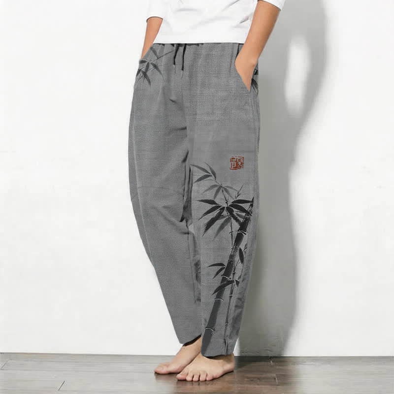 Buddha Stones Taps toelopende herenbroek van 100% Cotton met bamboeprint, trekkoord en Zakken. - image 1