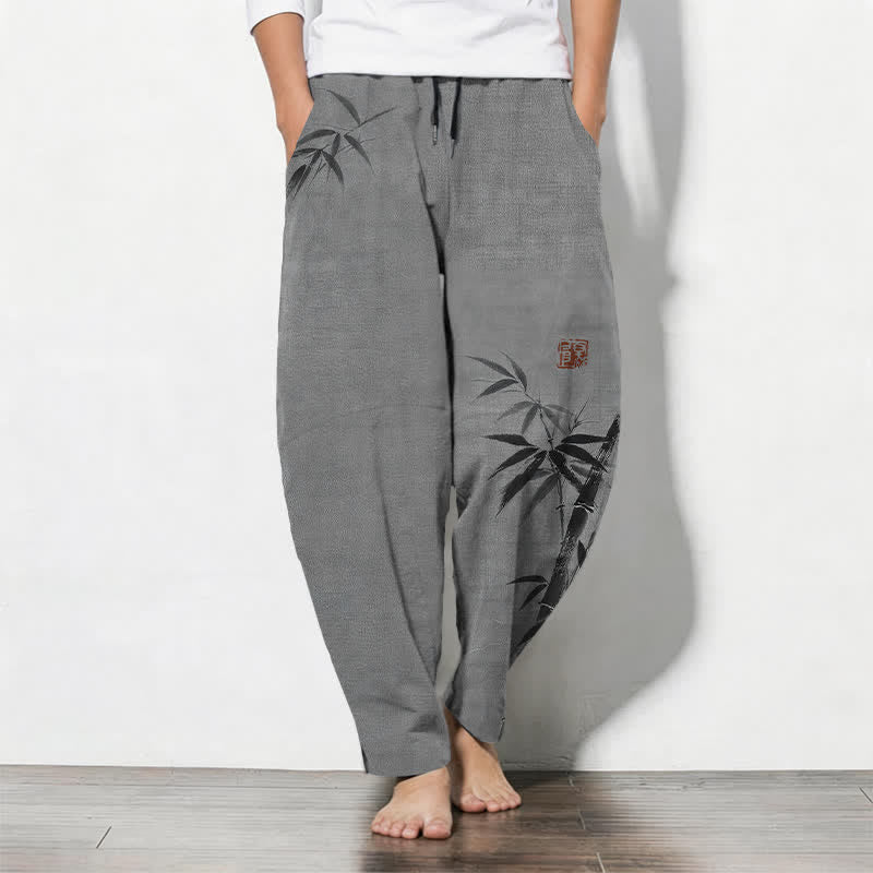 Buddha Stones Taps toelopende herenbroek van 100% Cotton met bamboeprint, trekkoord en Zakken. - Grijs - US/UK/AU50, EU60 (5XL) - image 0