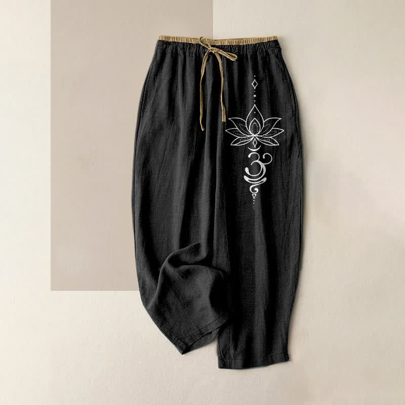 Buddha Stones Damesbroek van 100% Cotton met Zen Lotus Om-patroon, elastische Taille en Zakken. - Zwart - US16, UK/AU20, EU48 (3XL) - image 0