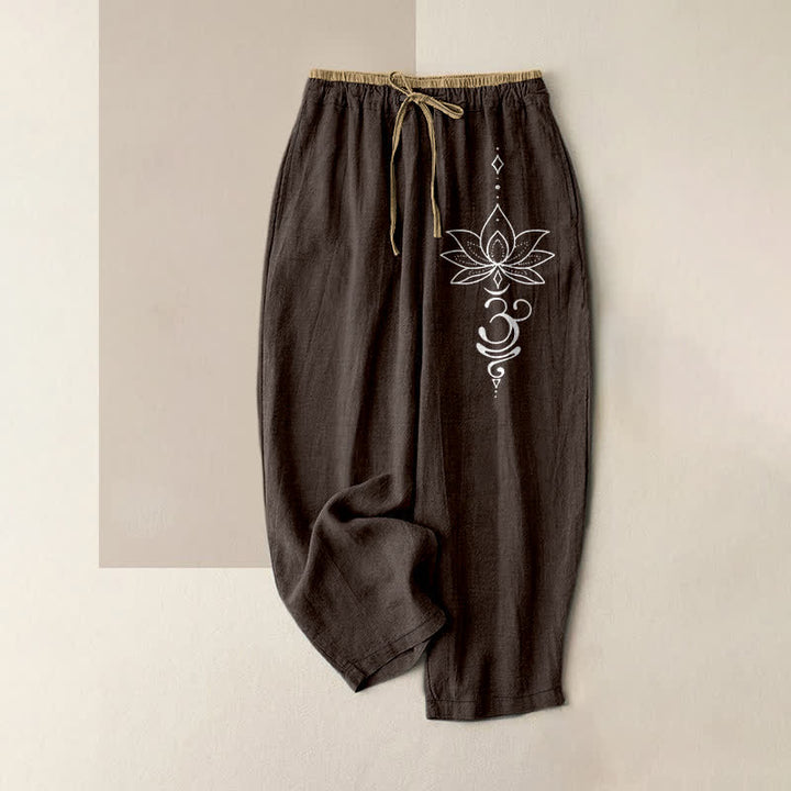 Buddha Stones Damesbroek van 100% Cotton met Zen Lotus Om-patroon, elastische Taille en Zakken. - Zadelbruin - US16, UK/AU20, EU48 (3XL) - image 4