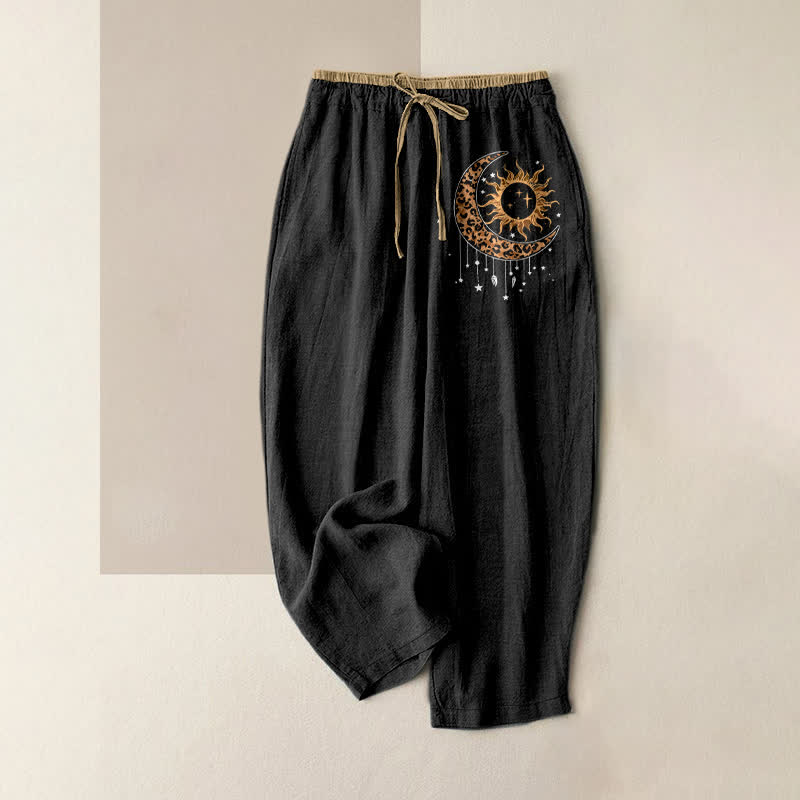 Buddha Stones Damesbroek van 100% Cotton met elastische Taille en Zakken , met een hemels zon- en maanpatroon. - Zwart - US16, UK/AU20, EU48 (3XL) - image 0