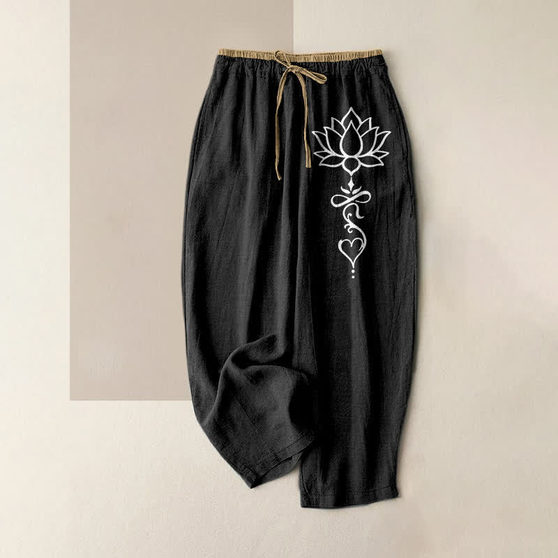 Buddha Stones Witte damesbroek van puur 100% Cotton met lotusprint, elastische Taille en Zakken. - Zwart - US16, UK/AU20, EU48 (3XL) - image 0