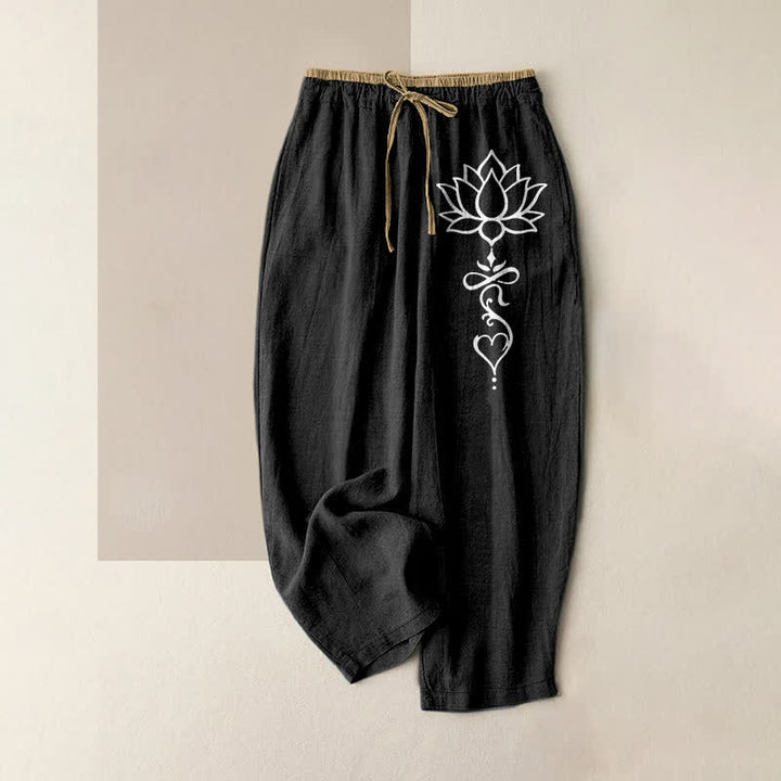 Buddha Stones Witte damesbroek van puur 100% Cotton met lotusprint, elastische Taille en Zakken. - Zwart - US16, UK/AU20, EU48 (3XL) - image 0