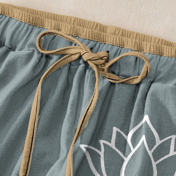 Buddha Stones Witte damesbroek van puur 100% Cotton met lotusprint, elastische Taille en Zakken. - image 9