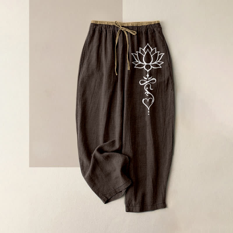 Buddha Stones Witte damesbroek van puur 100% Cotton met lotusprint, elastische Taille en Zakken. - Zadelbruin - US16, UK/AU20, EU48 (3XL) - image 4