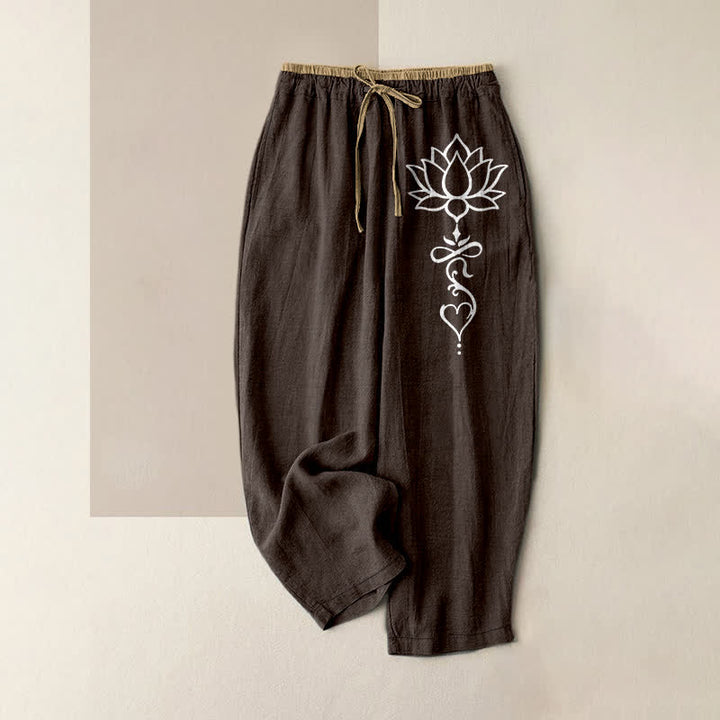 Buddha Stones Witte damesbroek van puur 100% Cotton met lotusprint, elastische Taille en Zakken. - Zadelbruin - US16, UK/AU20, EU48 (3XL) - image 4