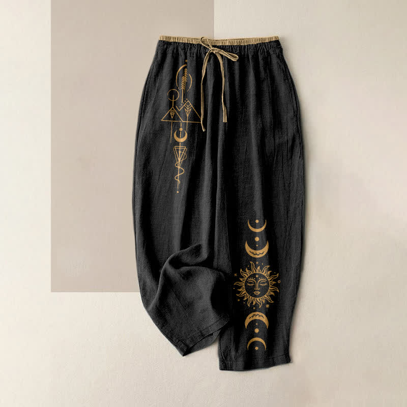 Buddha Stones Damesbroek van 100% Cotton met elastische Taille en Zakken , met een hemels zon- en maanpatroon. - Zwart - US16, UK/AU20, EU48 (3XL) - image 0
