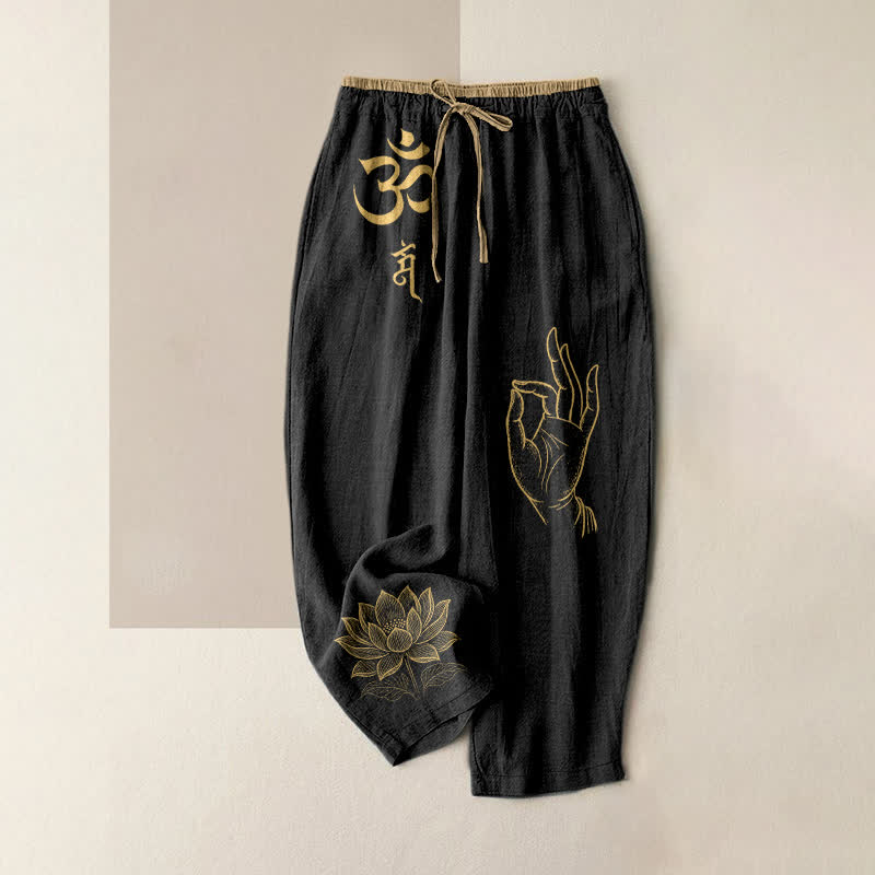 Buddha Stones Damesbroek van 100% Cotton met elastische Taille en Zakken , met heilig Om- en lotusmotief. - Zwart - US16, UK/AU20, EU48 (3XL) - image 0