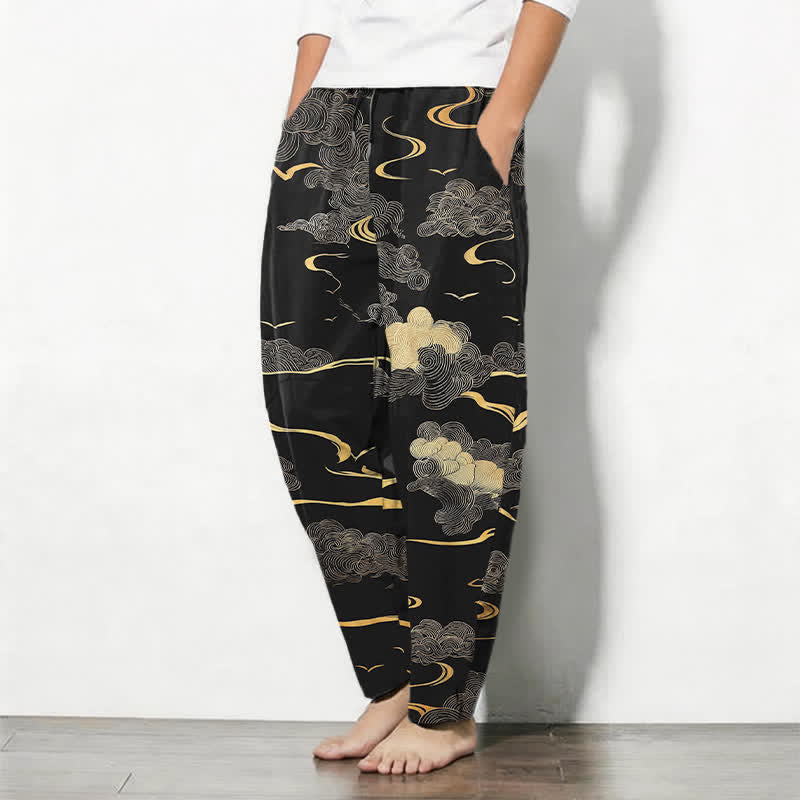 Buddha Stones Herenbroek van 100% Cotton met gouden wolkjes- en golfpatroon, trekkoord en taps toelopende pijpen, inclusief Zakken. - image 1