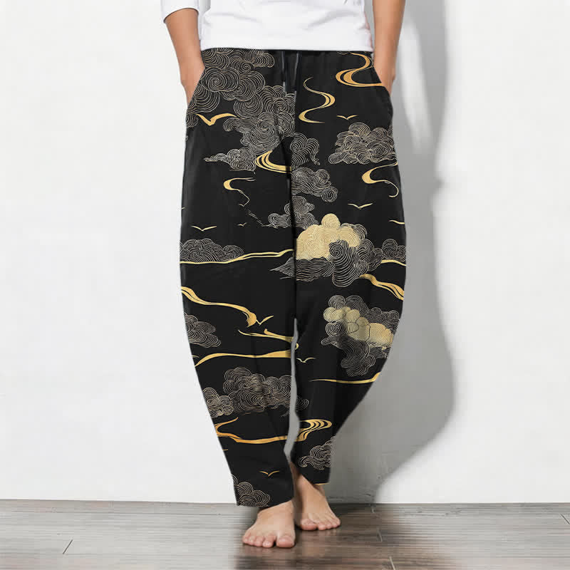 Buddha Stones Herenbroek van 100% Cotton met gouden wolkjes- en golfpatroon, trekkoord en taps toelopende pijpen, inclusief Zakken. - Zwart - US/UK/AU50, EU60 (5XL) - image 0