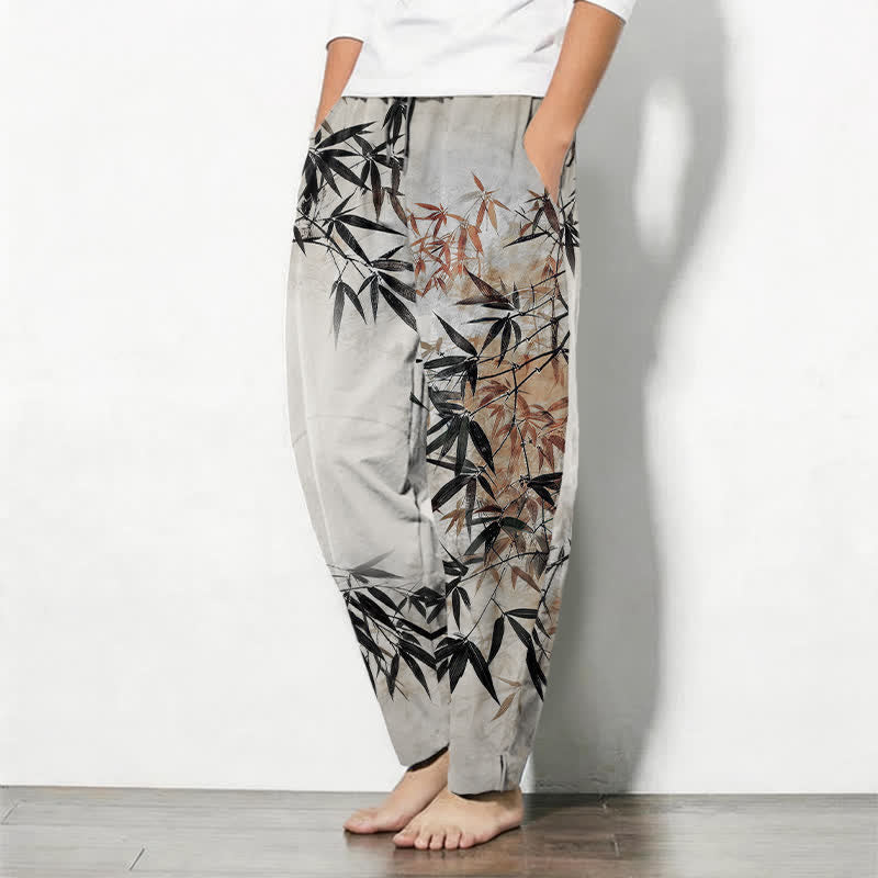 Buddha Stones Taps toelopende herenbroek van 100% Cotton met bamboebladprint en trekkoord, inclusief Zakken. - image 1