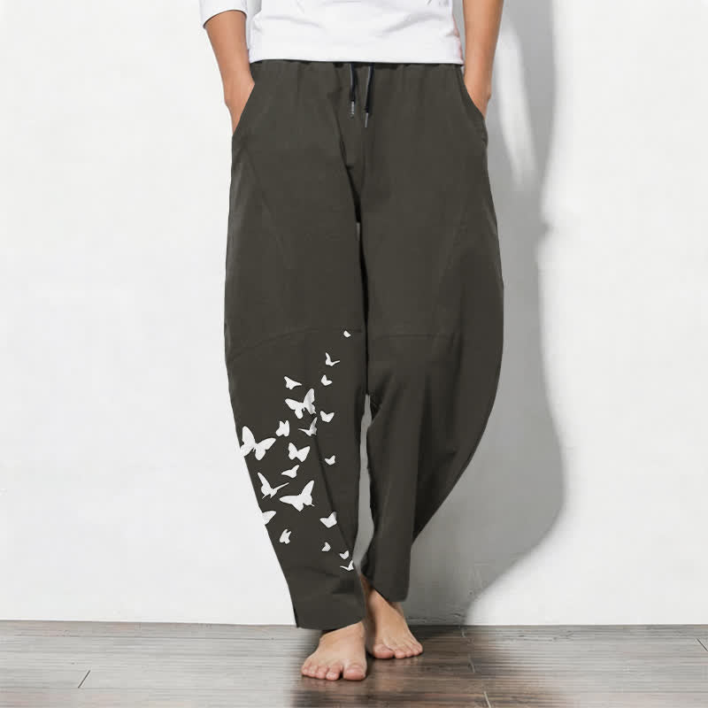 Buddha Stones Witte herenbroek van 100% Cotton met trekkoord en zakken, met vlinderprint en Zakken. - Zwart - US/UK/AU50, EU60 (5XL) - image 0