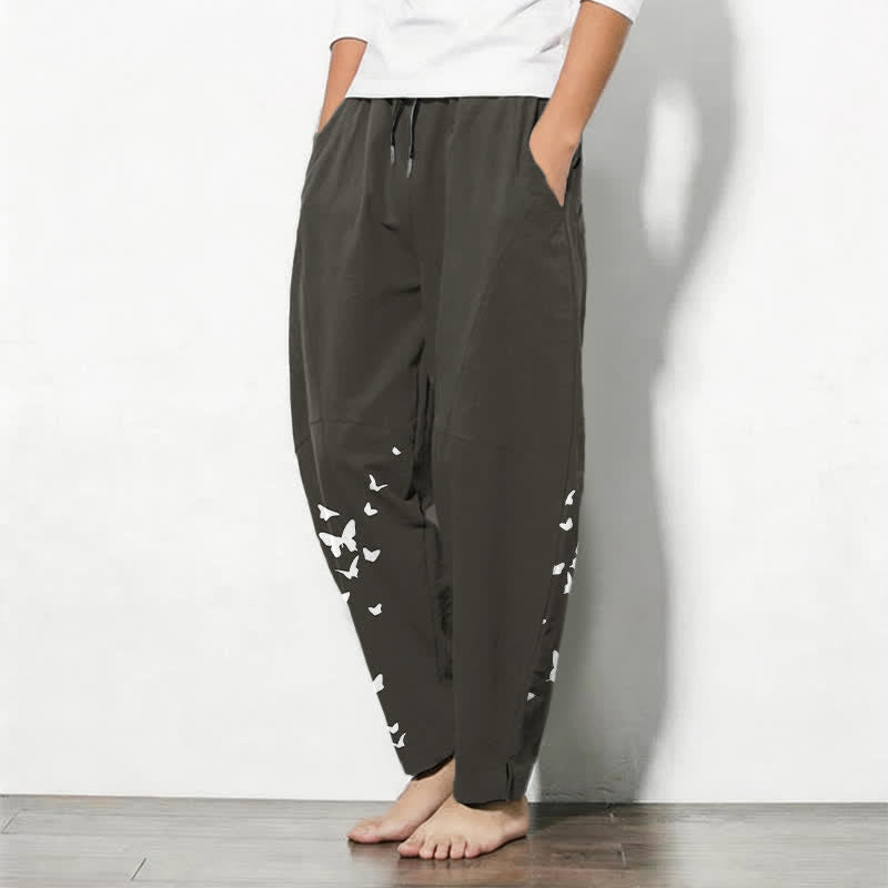 Buddha Stones Witte herenbroek van 100% Cotton met trekkoord en zakken, met vlinderprint en Zakken. - image 1