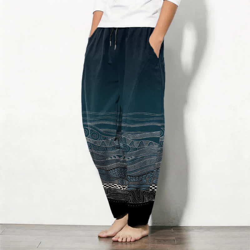 Buddha Stones Getailleerde herenbroek van 100% Cotton met tribaal golfpatroon, trekkoord en Zakken. - image 1