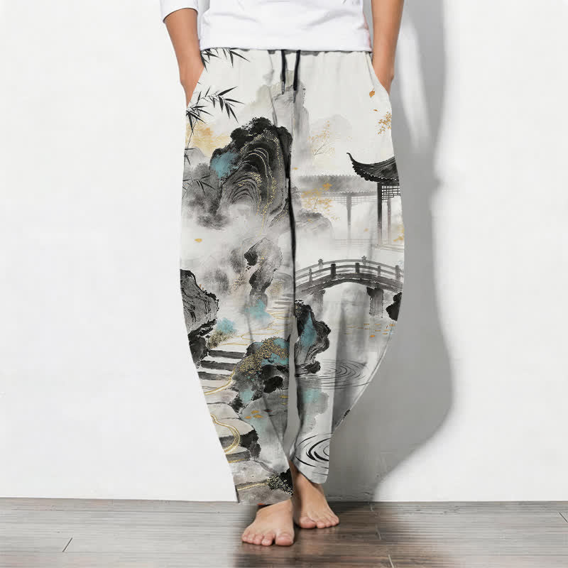 Buddha Stones Taps toelopende herenbroek met Zakken , bedrukt met een landschaps- en bamboepatroon van 100% Cotton. - Wit - US/UK/AU50, EU60 (5XL) - image 0