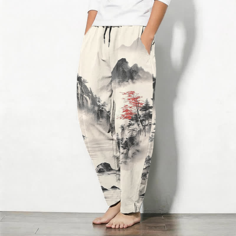 Buddha Stones 100% Cotton herenbroek met Zakken en zakken, bedrukt met een berglandschap en inktwassing. - image 1