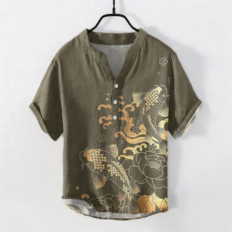 Buddha Stones Katoenen herenoverhemd met Korte mouw en halflange knoopsluiting, met koi-vis- en pioenrozenpatroon. - Donker kaki - US/UK/AU50, EU60 (5XL) - image 0