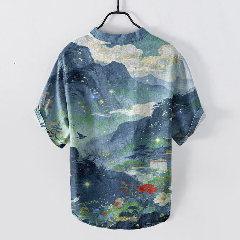 Buddha Stones Katoenen herenoverhemd met inktwas landschapspatroon, Korte mouw en halve knoopsluiting. - image 1