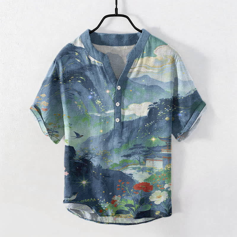 Buddha Stones Katoenen herenoverhemd met inktwas landschapspatroon, Korte mouw en halve knoopsluiting. - CadetBlue - US/UK/AU50, EU60 (5XL) - image 0