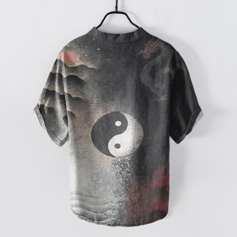 Buddha Stones Katoenen herenoverhemd met Korte mouw en halfopen knoopsluiting, met Yin Yang-wolkenpatroon - image 1