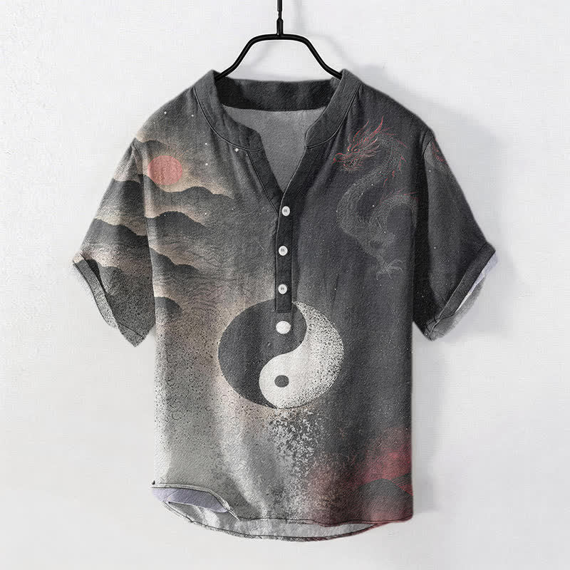 Buddha Stones Katoenen herenoverhemd met Korte mouw en halfopen knoopsluiting, met Yin Yang-wolkenpatroon - Zwart - US/UK/AU50, EU60 (5XL) - image 0