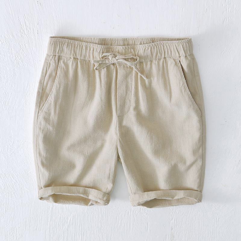 Buddha Stones Zomerse effen herenshorts van ramie linnen en katoen met trekkoord en elastische Taille , inclusief Zakken. - Beige - US/UK/AU44, EU54 (4XL) - image 0