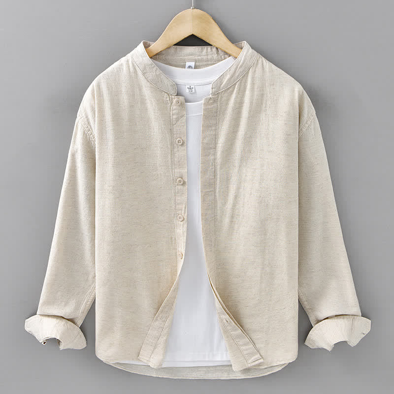Buddha Stones Casual Overhemden met Lange mouw en Mandarin kraag, effen katoen-linnen uitvoering, lente-look. - Linnen - US/UK/AU42, EU52 (3XL) - image 0