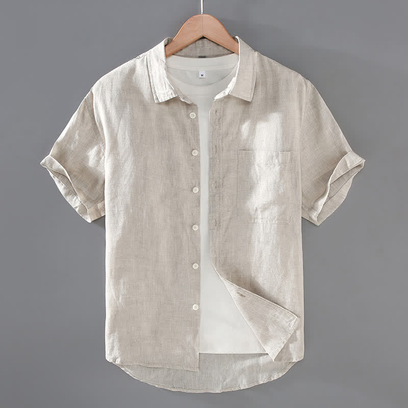 Buddha Stones Casual zomerse Overhemden met Korte mouw , effen linnen, met knoopsluiting en opgestikte zak. - Beige - US/UK/AU42, EU52 (3XL) - image 0