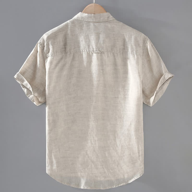 Buddha Stones Casual zomerse Overhemden met Korte mouw , effen linnen, met knoopsluiting en opgestikte zak. - image 1