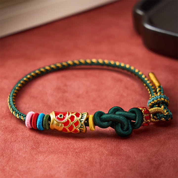 Buddha Stones Handgeweven donkergroen-gele koord rode koi-vis Armband - image 2
