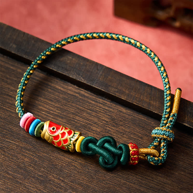 Buddha Stones Handgeweven donkergroen-gele koord rode koi-vis Armband - image 1