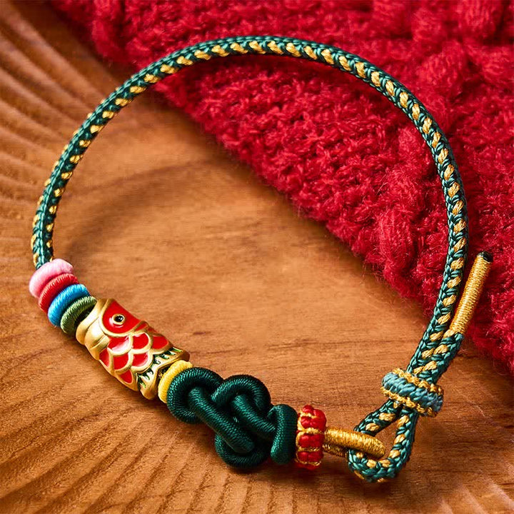 Buddha Stones Handgeweven donkergroen-gele koord rode koi-vis Armband - Groen (Polsomtrek: 15-18 cm) - image 0