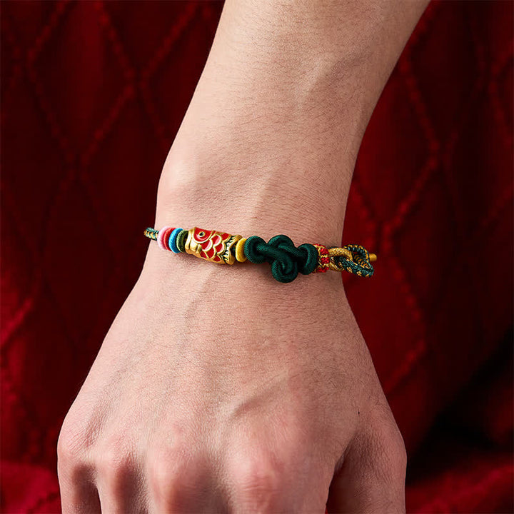 Buddha Stones Handgeweven donkergroen-gele koord rode koi-vis Armband - image 4