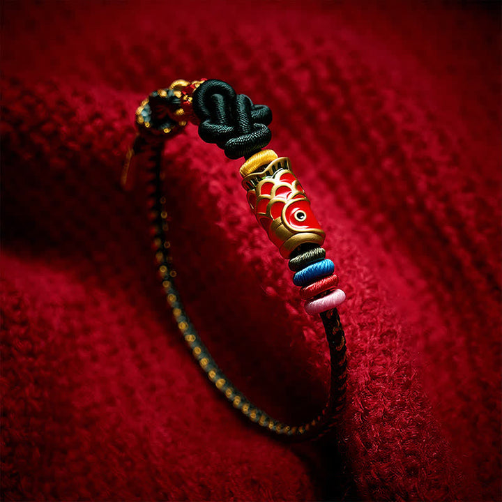 Buddha Stones Handgeweven donkergroen-gele koord rode koi-vis Armband - image 3