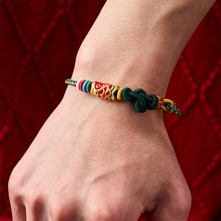 Buddha Stones Handgeweven donkergroen-gele koord rode koi-vis Armband - image 5