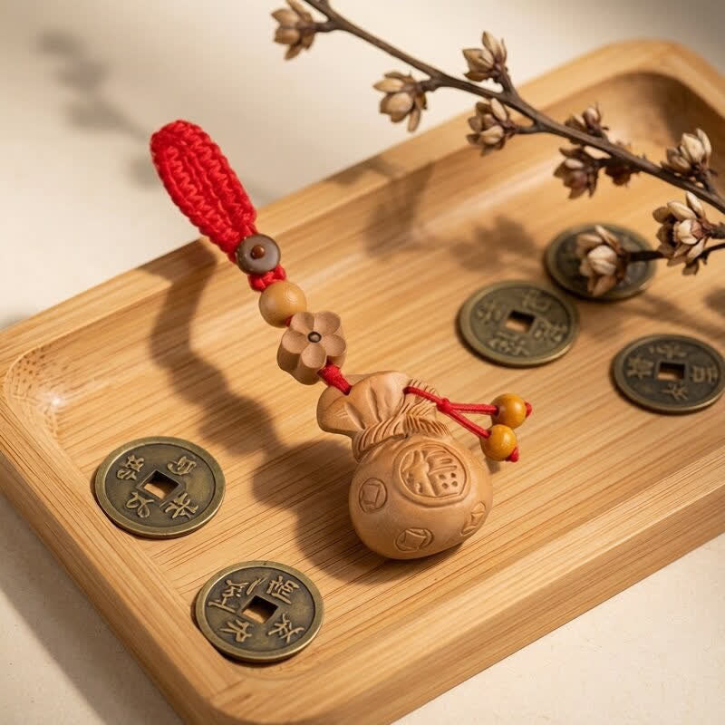 Buddha Stones Sleutelhangers met lotusbloemmotief en afbeelding van perzikhout. - Kralen met pruimenbloesemmotief, rood touw - image 11