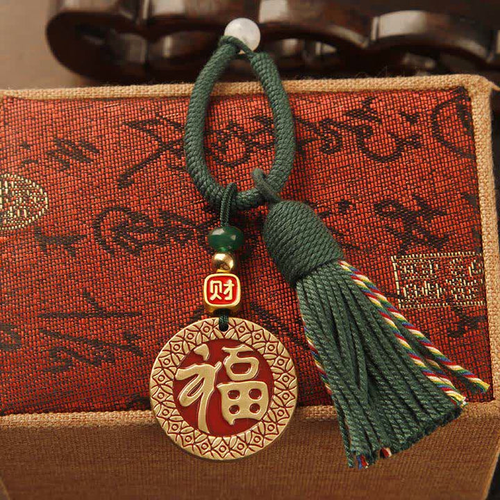 Buddha Stones Handgeweven messing rode touwtje Fu karakter zegen kwastje Sleutelhangers - Fu-plaquette met groene kwast - image 10