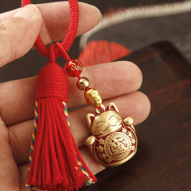 Buddha Stones Handgeweven messing rode touwtje Fu karakter zegen kwastje Sleutelhangers - Gelukskat met rode kwast - image 0
