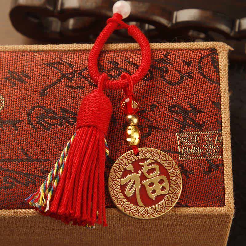 Buddha Stones Handgeweven messing rode touwtje Fu karakter zegen kwastje Sleutelhangers - Fu-plaquette met rode kwast - image 9