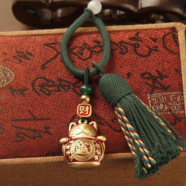 Buddha Stones Handgeweven messing rode touwtje Fu karakter zegen kwastje Sleutelhangers - Gelukskat Groene Kwast - image 2