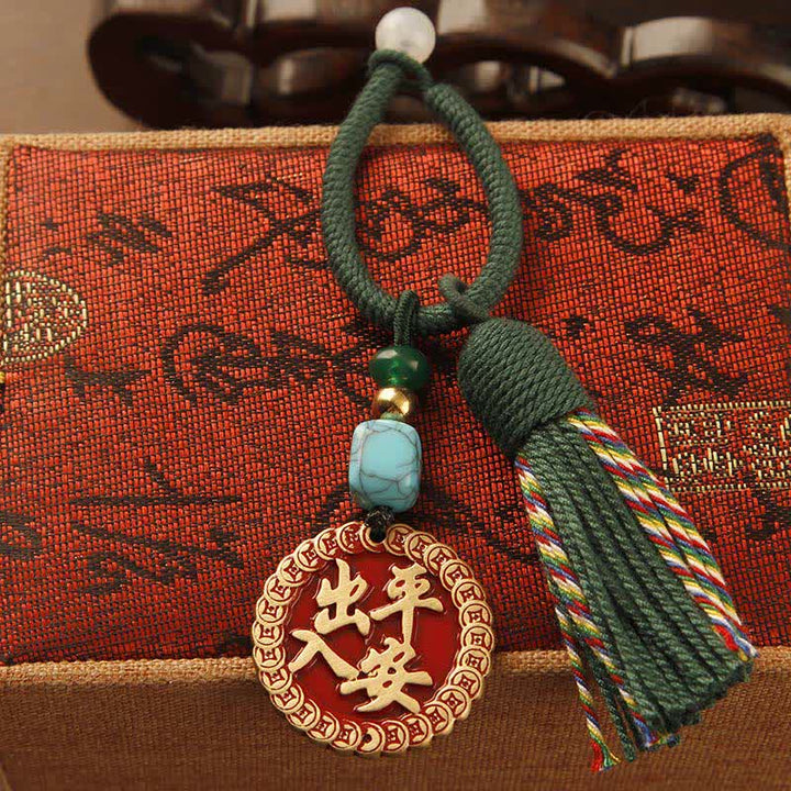 Buddha Stones Handgeweven messing rode touwtje Fu karakter zegen kwastje Sleutelhangers - Veiligheidsplaatje met groene kwast - image 13