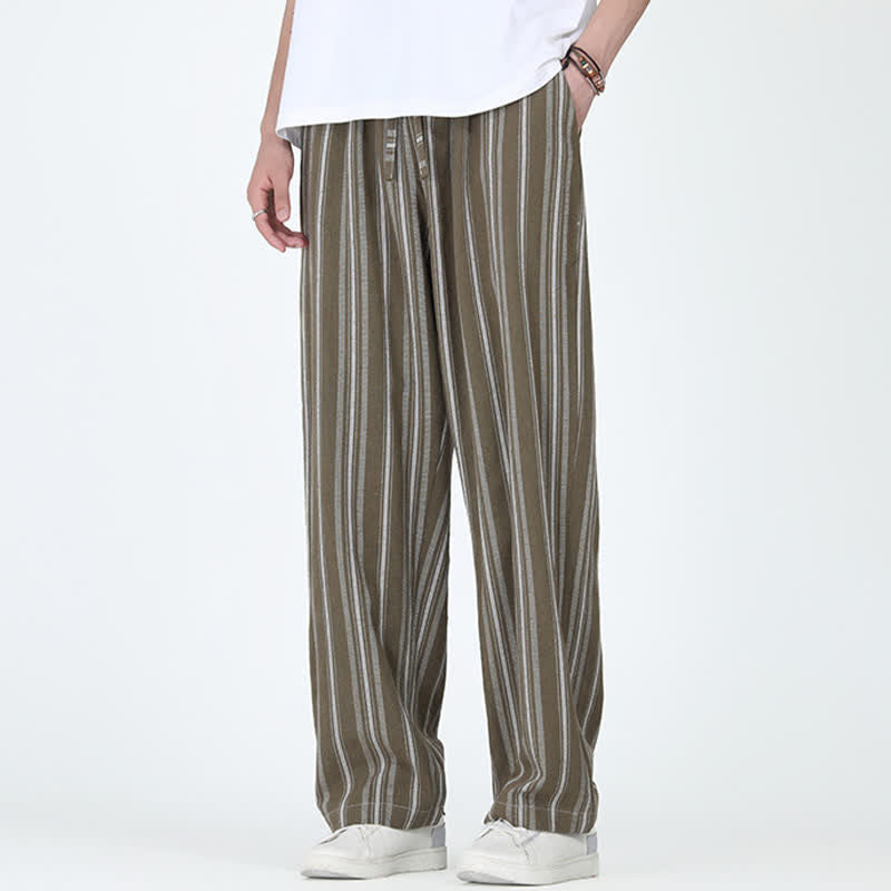 Buddha Stones Casual vintage herenbroek met trekkoord en verticale strepen, Enkellengte, rechte pijpen en zak - Donker olijfgroen - US/UK/AU46, EU56 (5XL) - image 0