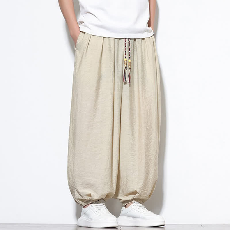 Buddha Stones Zomerse casual boho broek met trekkoord, effen Cropped model, harembroek voor heren met zakken - image 1