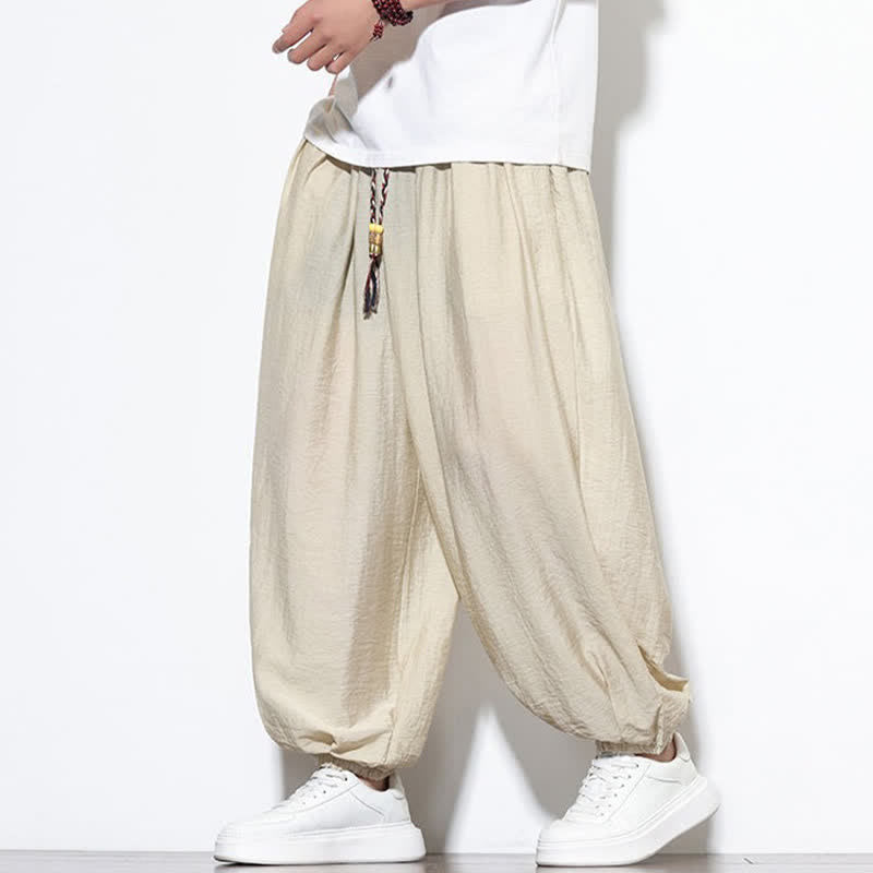 Buddha Stones Zomerse casual boho broek met trekkoord, effen Cropped model, harembroek voor heren met zakken - Beige - US/UK/AU46, EU56 (5XL) - image 0
