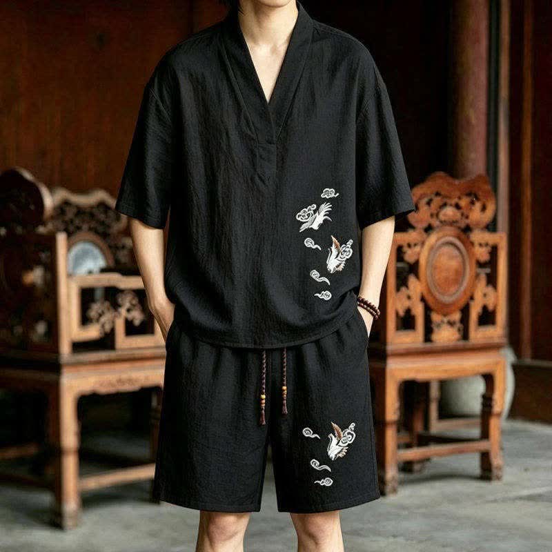 Buddha Stones 2-delige zomerse Tang-stijl meditatiekleding met kraanvogelmotief, Korte mouw, shirt en shorts voor heren, meditatiekleding met Zakken - Zwart shirt + zwarte korte broek - US/UK/AU46, EU56 (5XL) - image 0