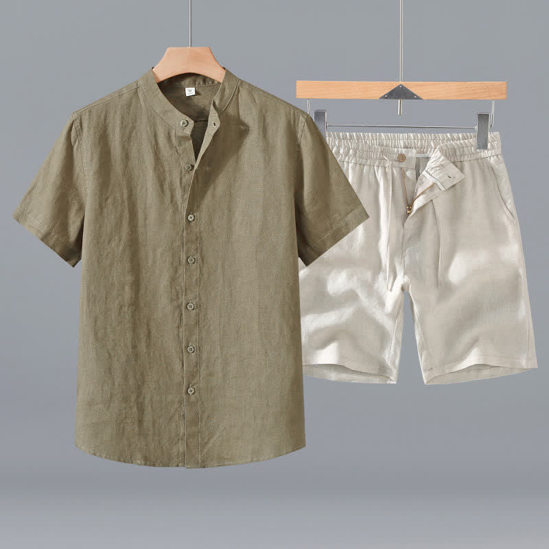Buddha Stones 2-delige zomerse set: Mandarin kraag, knoopsluiting, effen linnen, Korte mouw, shirt en shorts, heren meditatiekleding met zak - Donker kaki shirt + beige shorts - US/UK/AU42, EU52 (3XL) - image 0