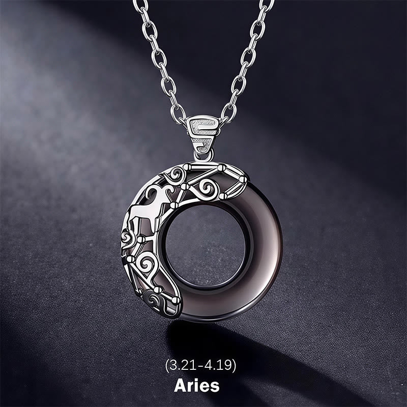 Buddha Stones Ronde Ketting met de zegen van ijsobsidiaan en de 12 sterrenbeelden van de dierenriem. - Ram - Ketting van 925 sterling zilver - image 1