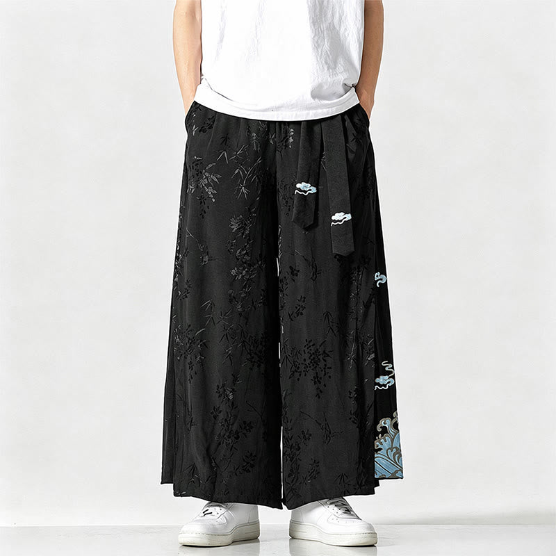 Buddha Stones Lente/Zomer Tang-stijl Cropped broek met trekkoord en abstracte borduursels, wijde pijpen voor heren met zak - image 1