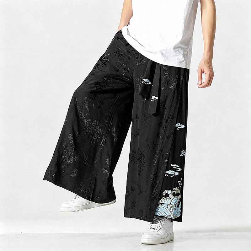 Buddha Stones Lente/Zomer Tang-stijl Cropped broek met trekkoord en abstracte borduursels, wijde pijpen voor heren met zak - Zwart - US/UK/AU46, EU56 (5XL) - image 0