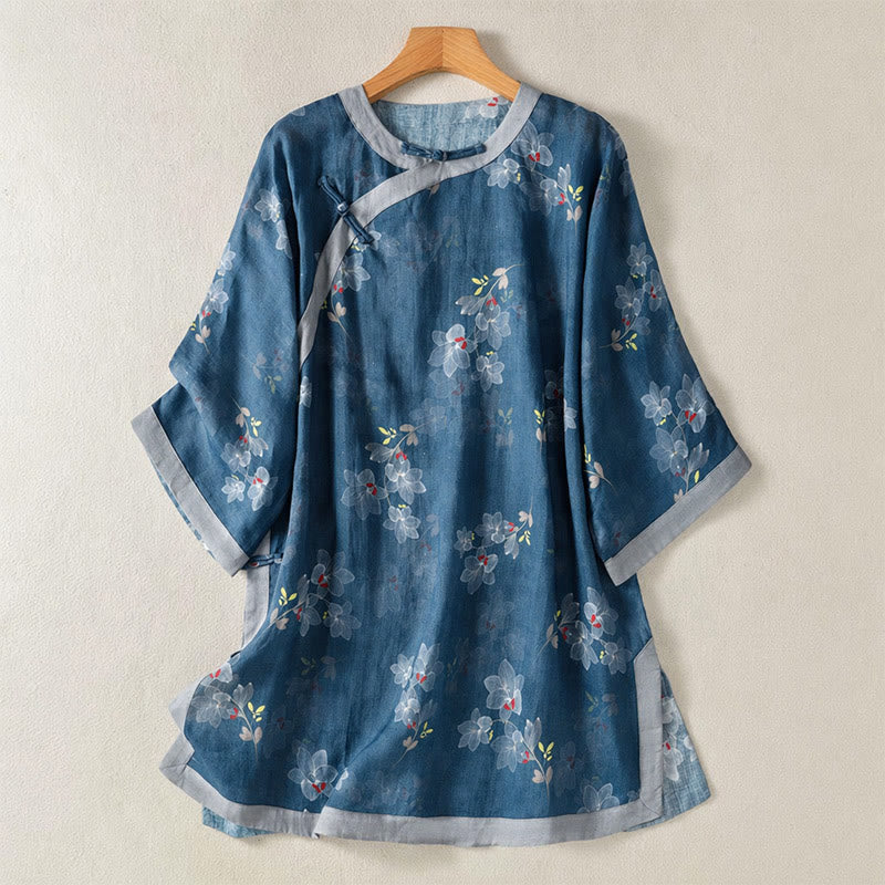 Buddha Stones Lente/Zomer Tang Stijl Vintage Kikkerknopen Bloemen Katoen Linnen Overhemden met Mouw tot de elleboog Mouwen - Staalblauw - US12, UK/AU16, EU44 (2XL) - image 0